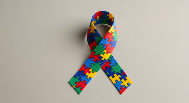 A colorful puzzle-piece ribbon, symbol of autism awareness, rests on a neutral background.