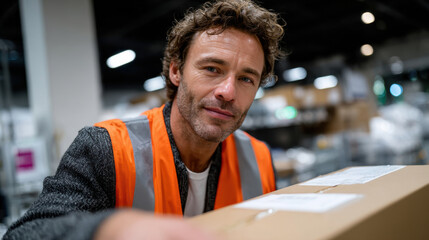 A confident male warehouse employee engages in package processing, embodying dedication and professionalism in a dynamic environment filled with essential logistics operations.
