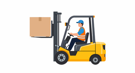 A forklift operator wearing a safety vest drives a yellow forklift, lifting a large cardboard box.