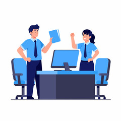 Obraz premium Two office workers celebrating a successful project completion, standing near a desk with a computer.