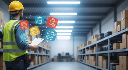 Warehouse manager with digital smart checklist and holographic interface optimizing inventory control, ensuring safety compliance, and enhancing modern logistics operations