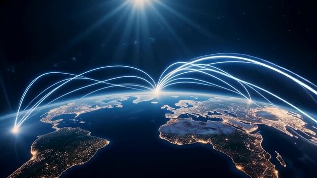 computer-generated visualization of the Earth visible from space at night. The main objects are lines that intersect the earth's surface. These lines emit bright white or bluish luminous arcs, symboli