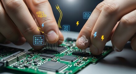 Hands assembling electronic circuit board with technological symbols