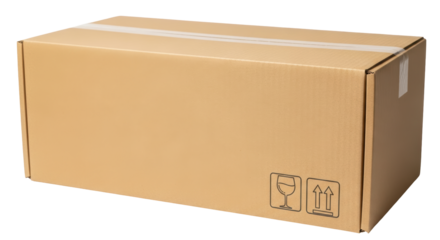 Isolated generic brown corrugated cardboard box, sealed with shipping tape, simple fragile symbol