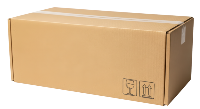 Isolated generic brown corrugated cardboard box, sealed with shipping tape, simple fragile symbol - Powered by Adobe