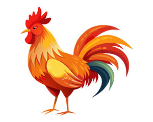 Vibrant rooster standing profile with colorful tail feathers