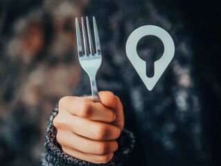 Hand holding fork with location pin
