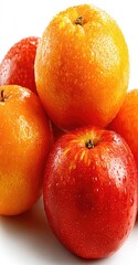 Close-up of a cluster of juicy, orange-red fruits, likely apples and plums, with water droplets