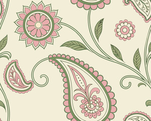 Seamless paisley floral pattern in pink and green on cream background © bashanti
