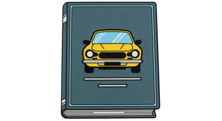 Isolated book with yellow car graphic, guide for drivers, education for motorists on road signs