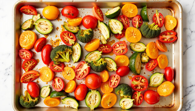Assorted colorful tomatoes and vegetables arranged on baking tray   - Powered by Adobe