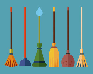 Naklejka premium Collection of colorful cleaning tools and brooms on a blue background