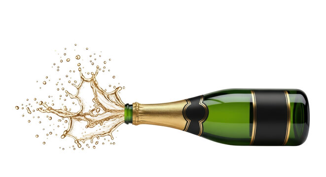 Isolated green champagne bottle exploding with splashing beverage to celebrate special occasion