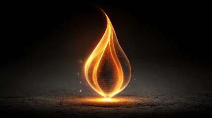 Glowing, orange flame, teardrop shape, dark background