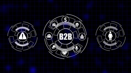 Business to business concept with icons for finance teamwork idea security and communication on dark grid background