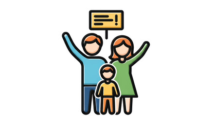 Isolated family with raised hands at demonstration, symbol or sign above, vector design