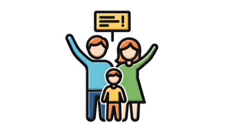 Isolated family with raised hands at demonstration, symbol or sign above, vector design