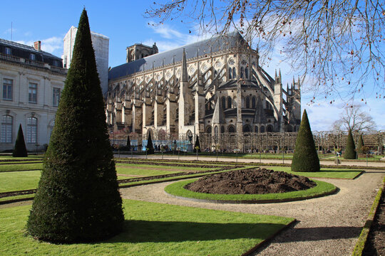 gothic cathedral (saint-&eacute;tienne) and archdiocese gardens in bourges in france 