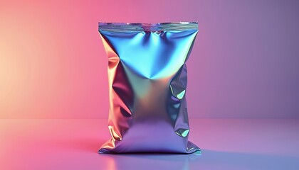 Modern snack packaging bag with holographic metallic accents stands alone on soft gradient background. Crinkled texture, reflective surface suggest premium quality, eye-catching design for