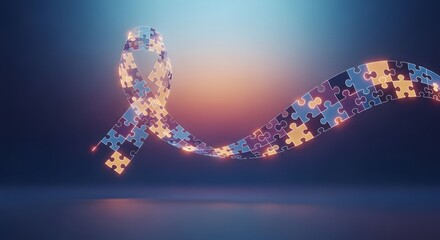 A stylized ribbon formed from puzzle pieces, symbolizing awareness and support.