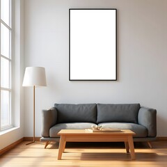 Fototapeta premium Modern living room mockup with blank poster frame above sofa and coffee table white blank frame