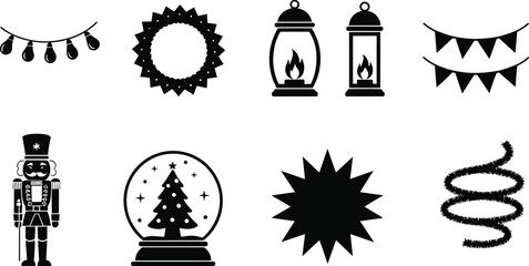 holiday, decoration, icon, wreath, lantern, lights, pennant, nutcracker, snow globe, star, garland, festive, Christmas, vector, black, white, design, art, seasonal, ornament