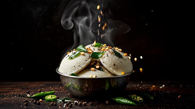 Steaming hot South Indian Idli, perfectly seasoned and garnished with fresh curry leaves and chilies, with a dramatic, dark food photography style.

