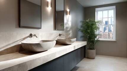 A bathroom with two sinks and a potted plant. The bathroom has a modern and clean look