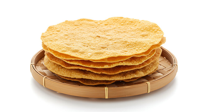 Stack of Fried Indian Papad or Papadum Crispy Lentil Wafers Served on Wooden Tray on White Background
