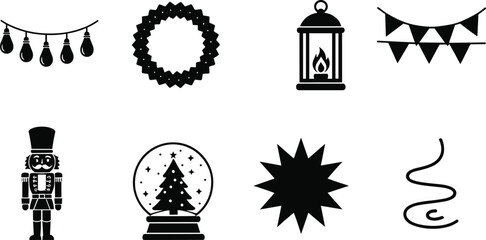 holiday, decoration, icon, wreath, lantern, lights, pennant, nutcracker, snow globe, star, ribbon, festive, Christmas, vector, black, white, design, art, seasonal, ornament
