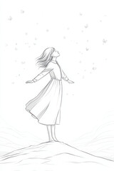 Daydream of Serenity: A solitary figure stands atop a serene peak, arms outstretched, enveloped by ethereal elements and pure joy, evoking a sense of tranquil bliss and unbridled freedom.