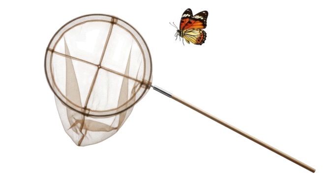 Isolated Butterfly net with a Monarch butterfly ready to be caught or released, outdoors