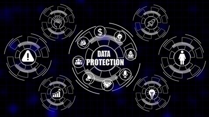 Data protection concept with icons for security finance and ideas on dark background privacy technology