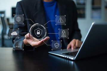 man holding smartphone with holographic lock and data network graphics. Concept of cybersecurity, privacy, mobile protection