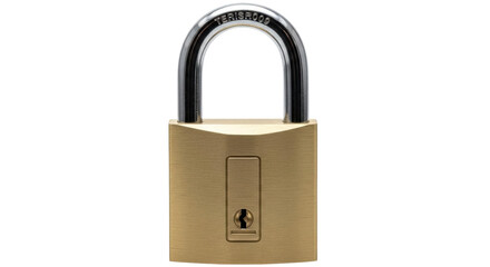 Fototapeta premium Isolated brass metal padlock closeup, secure storage locker for private security protection