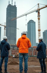 Three professionals in hard hats survey urban construction site. Cranes tower over buildings under development. Team inspects project progress, symbolizing industry, engineering, real estate growth.
