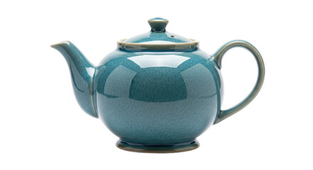 Isolated blue ceramic teapot with handle and lid, elegant design for tea service, brew time