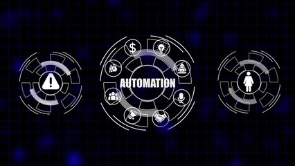 Obraz premium Digital automation concept with icons for finance people warning and gender on dark grid background technology