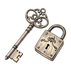 Vintage key and lock outline drawing with ornate design and simple padlock. Outline vector illustration