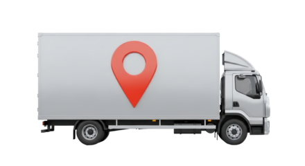 Isolated box truck with map pointer, logistics concept for transportation business
