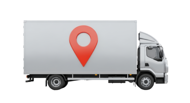 Isolated box truck with map pointer, logistics concept for transportation business