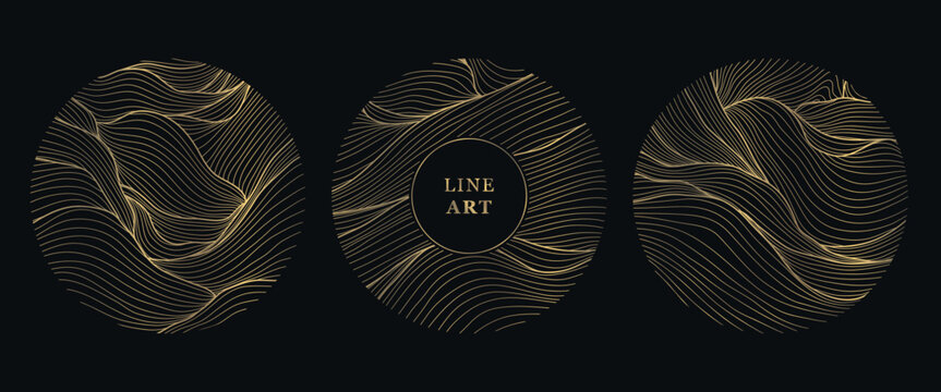 Abstract Japanese vector logos with golden waves, circular ornaments, elegant line textures, Asian sea and river motifs. Modern oriental background luxury posters, labels.