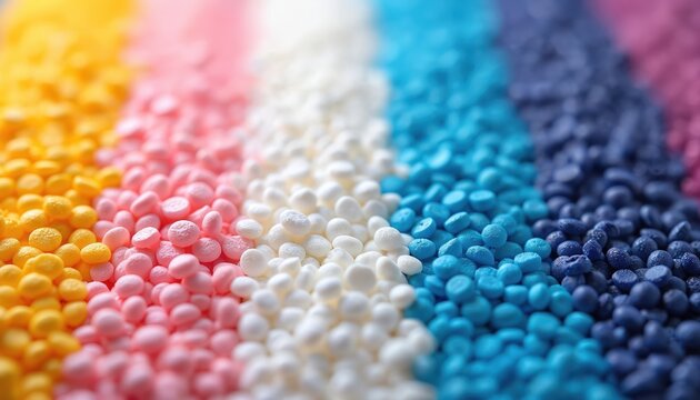 Macro shot of colorful polyamide plastic granules in ordered rows. Smooth, uniform texture, vibrant hues of yellow, pink, white, blue, dark blue. Synthetic polymer material, lightweight,