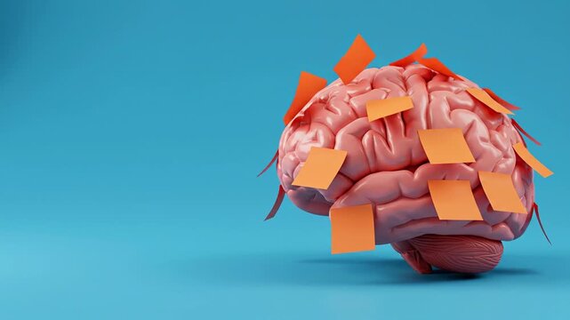 A realistic human brain covered in orange sticky notes, symbolizing memory, information overload, forgetfulness, or a busy mind on a blue background.

