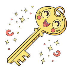 Vintage key and lock outline drawing with ornate design and simple padlock. Outline vector illustration