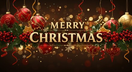 Merry Christmas Text with Decorative Snowflakes and Elegant Ribbons for Holiday Marketing