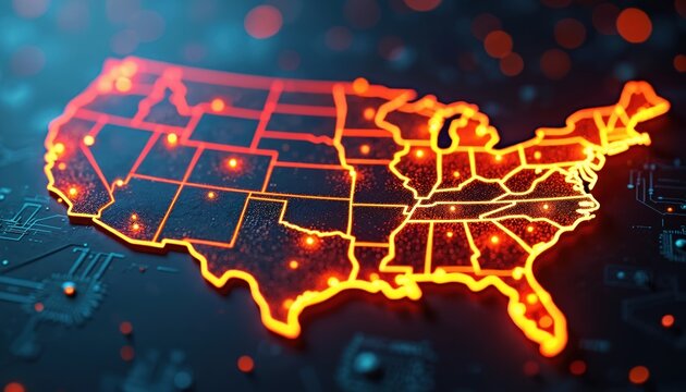 Glowing orange map of United States with detailed state outlines, network of bright lights. Digital aesthetic, futuristic design. Abstract representation of technology, connectivity, geography across