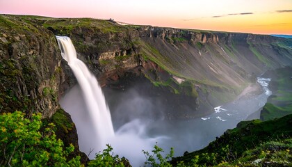 Majestic waterfall cascading down dramatic cliffs at sunset