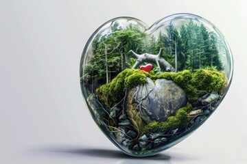 Lush miniature forest ecosystem thriving inside heart shaped glass terrarium, symbolizing environmental protection and love for nature