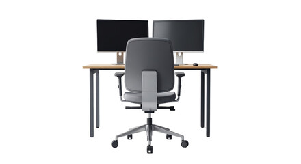 Isolated home office desk with computer monitors and ergonomic chair for remote work